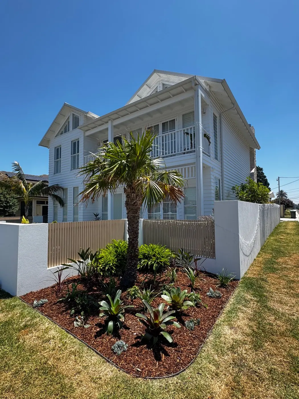 Front garden with palm, agaves and mulch outside a coastal home