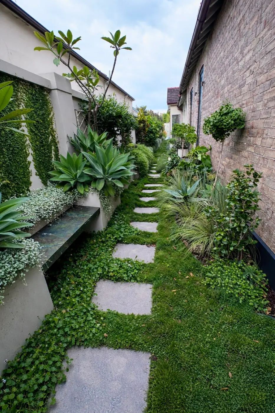Side garden with stepping stones and lush planting